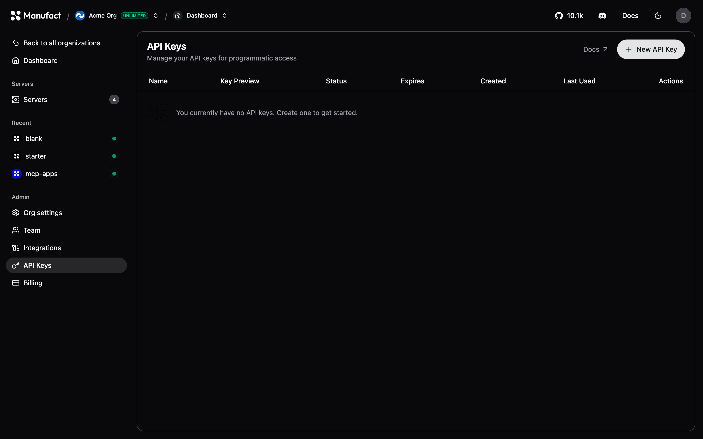 API keys list