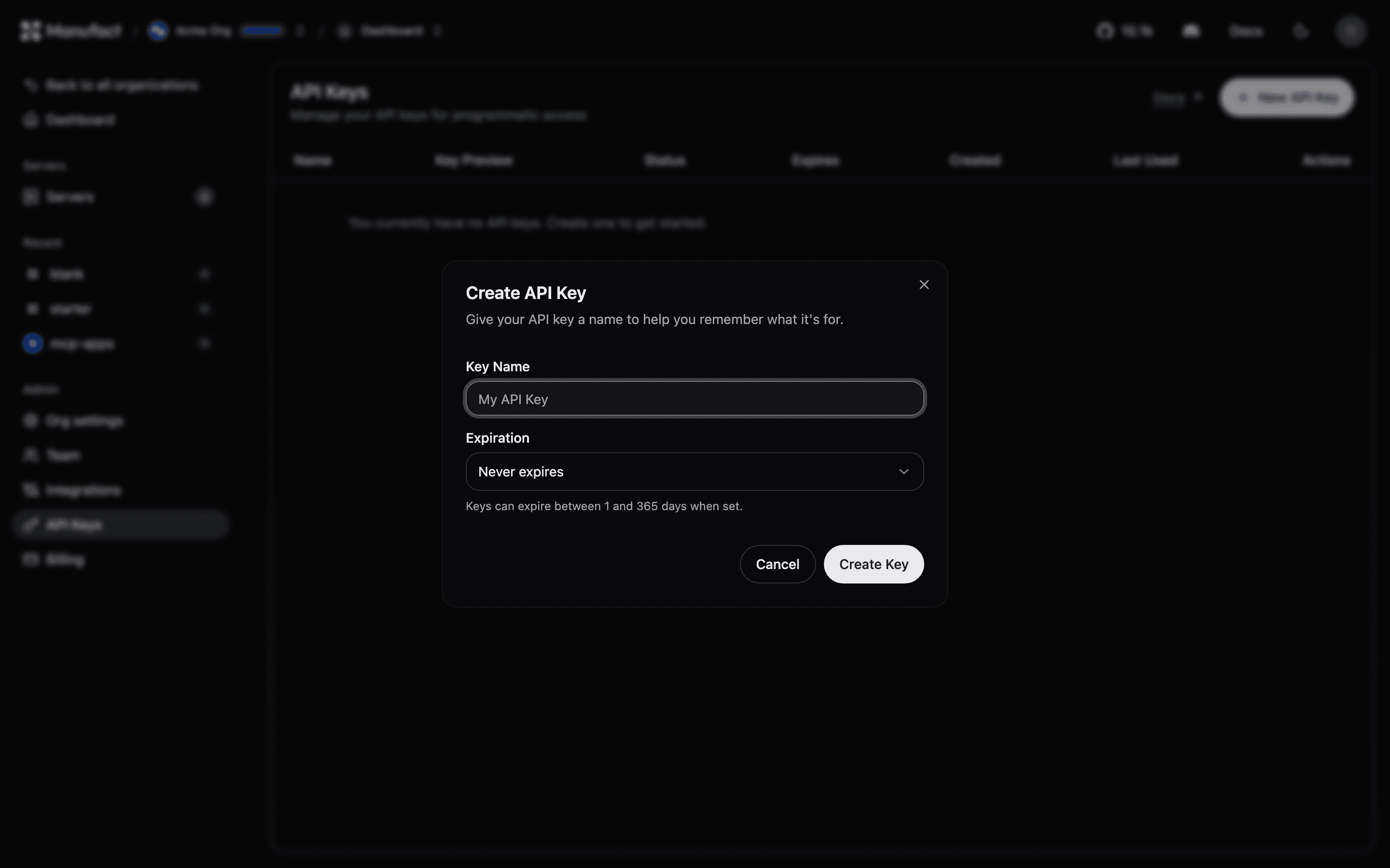 Create API key dialog