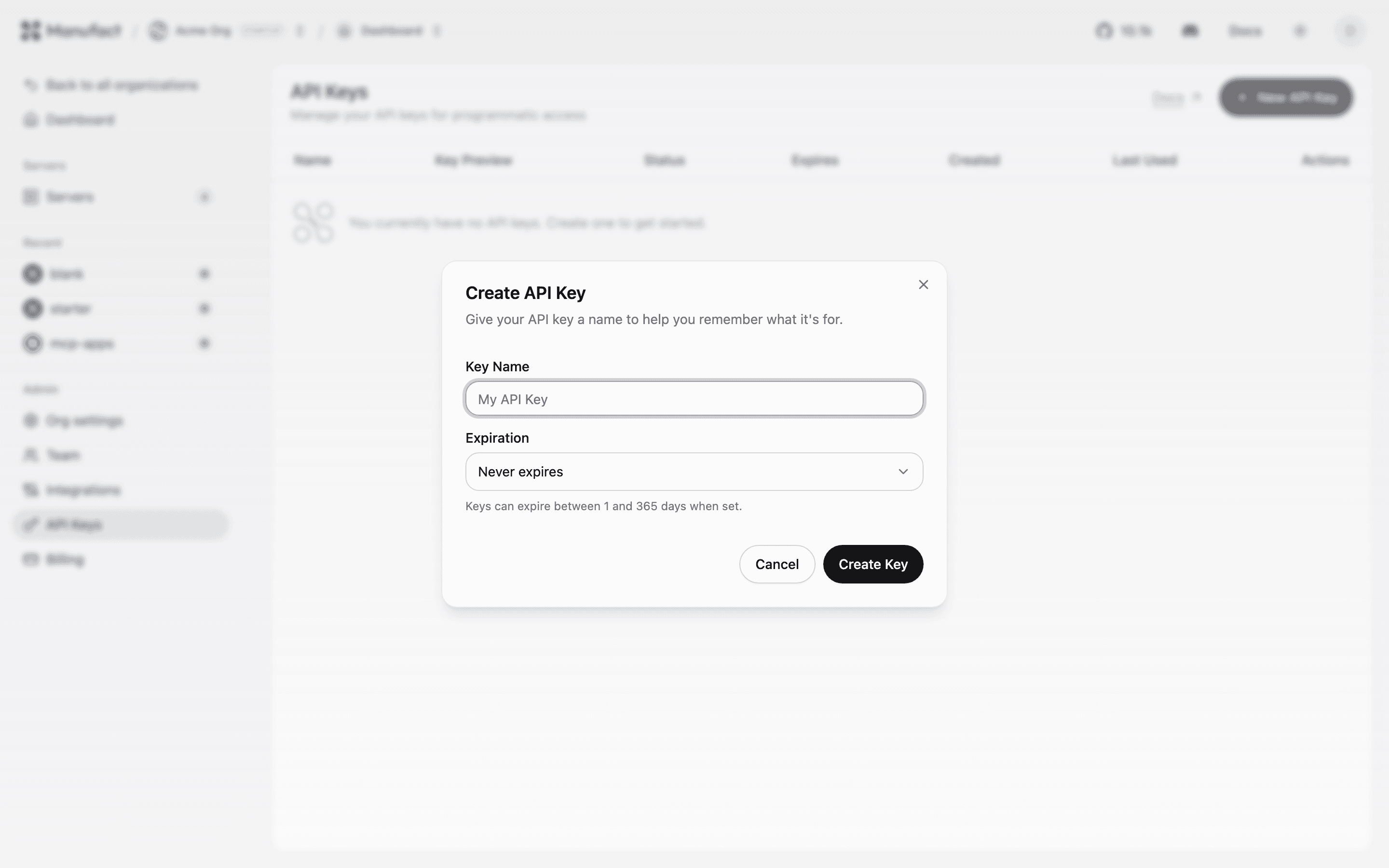 Create API key dialog