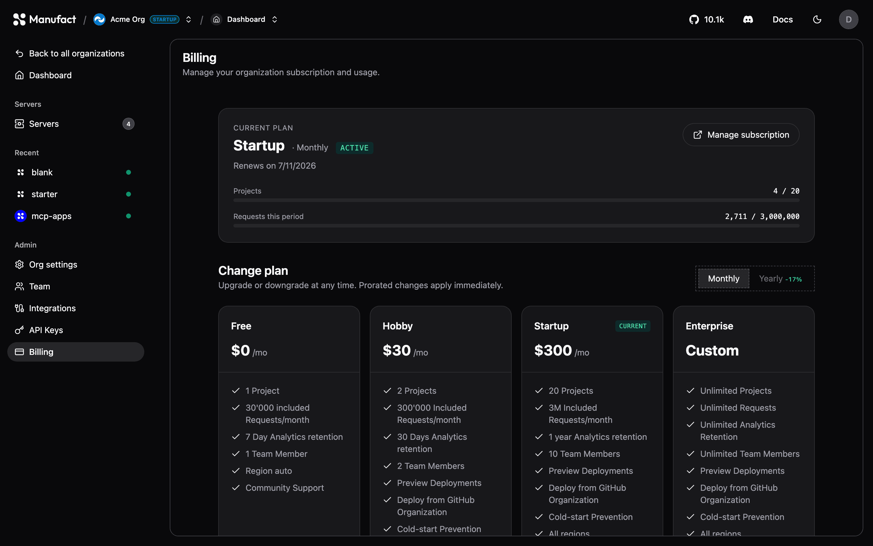 Billing overview with usage bars