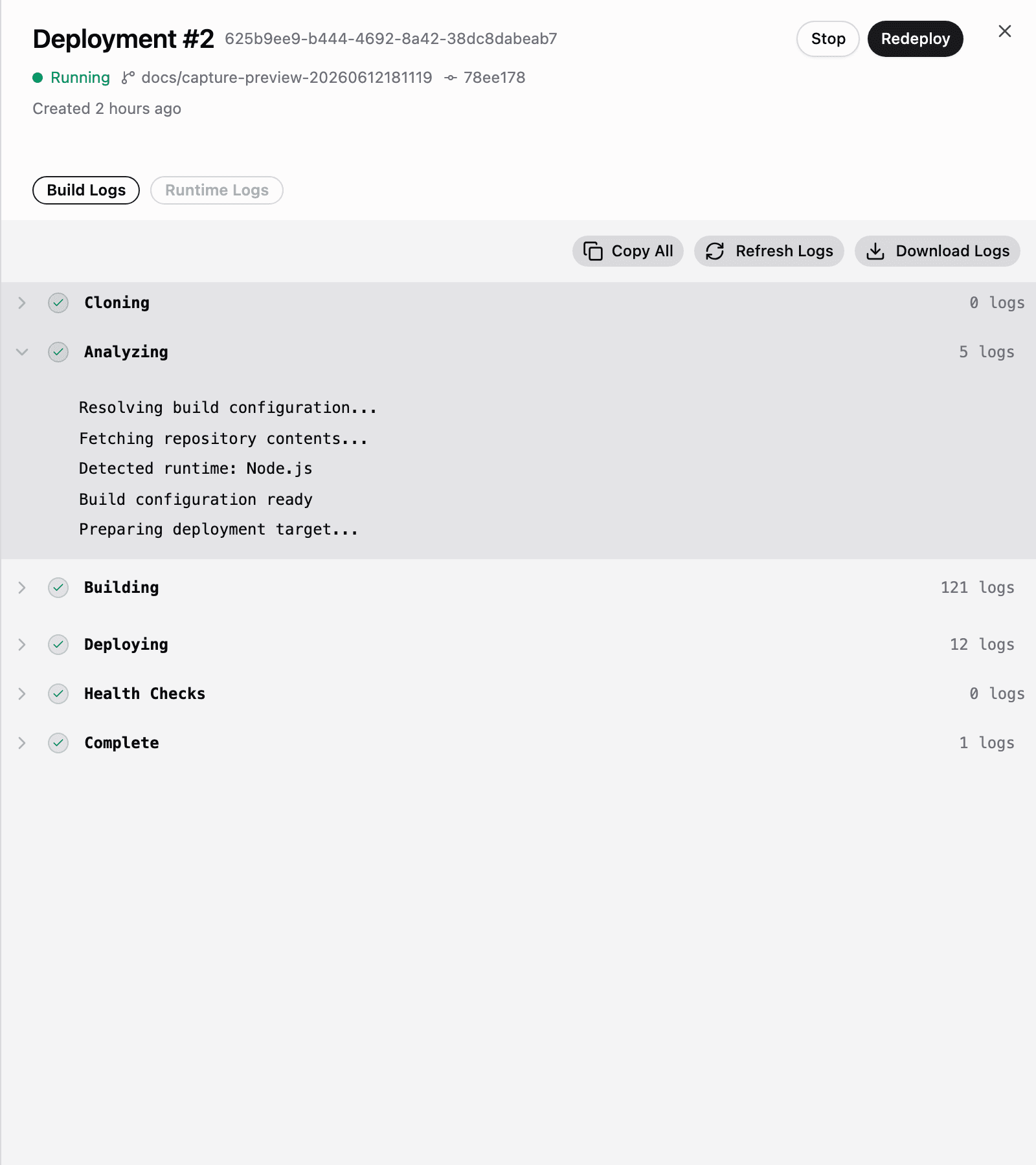 Deployment drawer with build logs