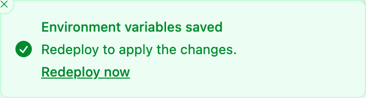 Redeploy reminder toast shown after saving environment variables