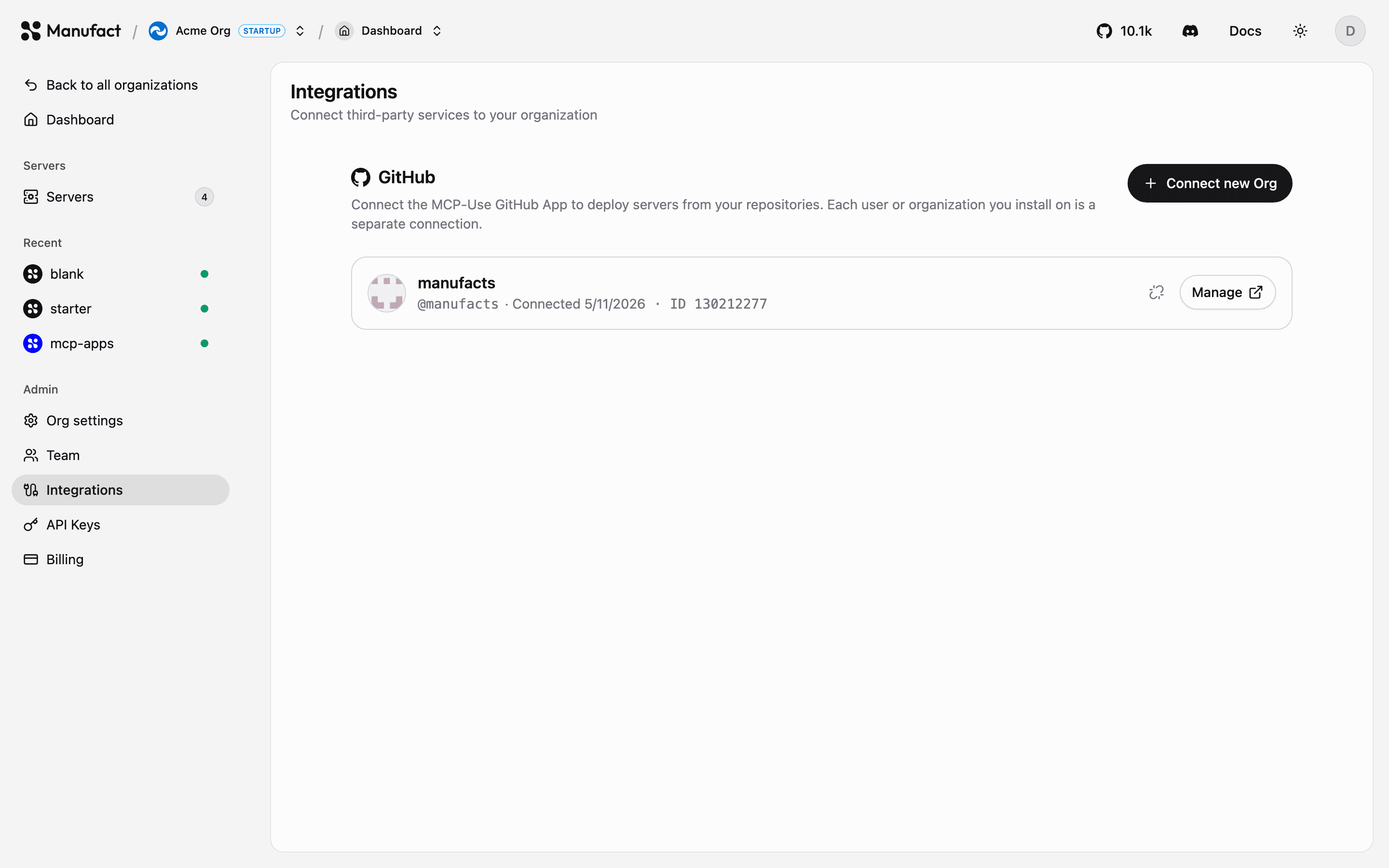 GitHub connections on the Integrations page