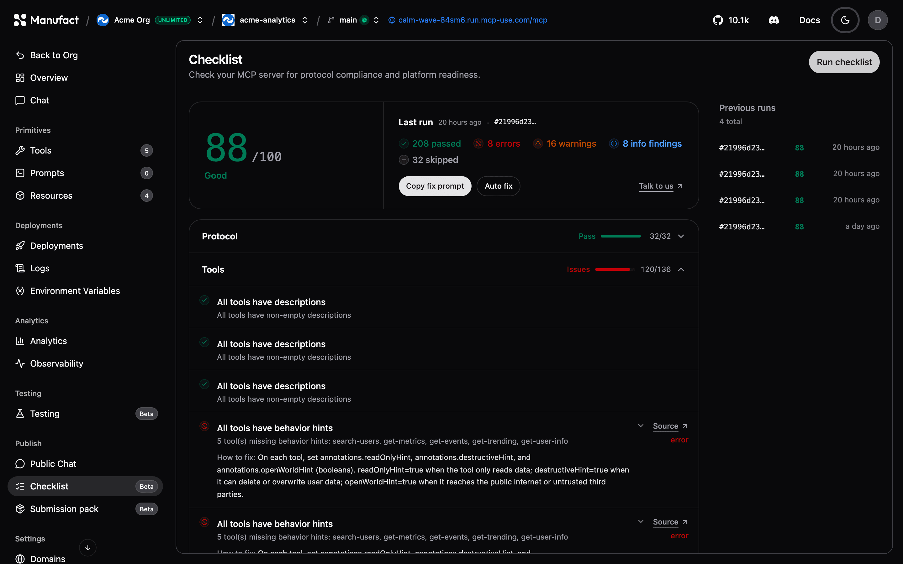 Checklist tab before running