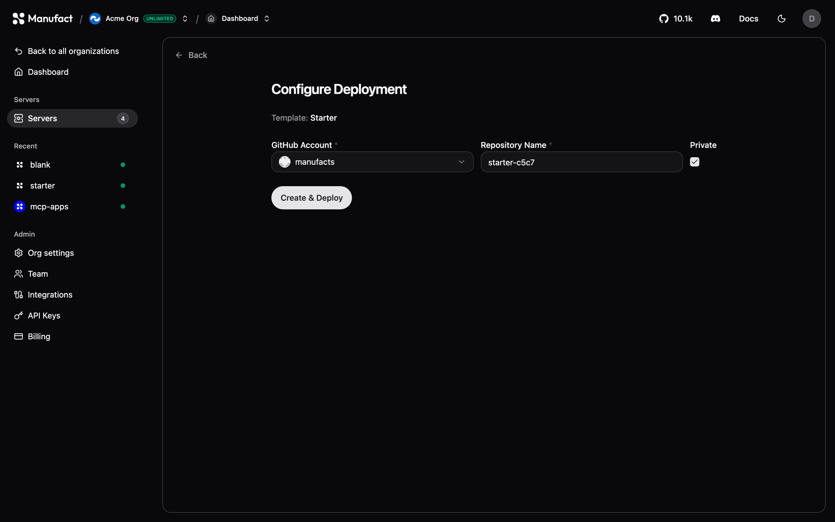 Configure Deployment form for a Starter template