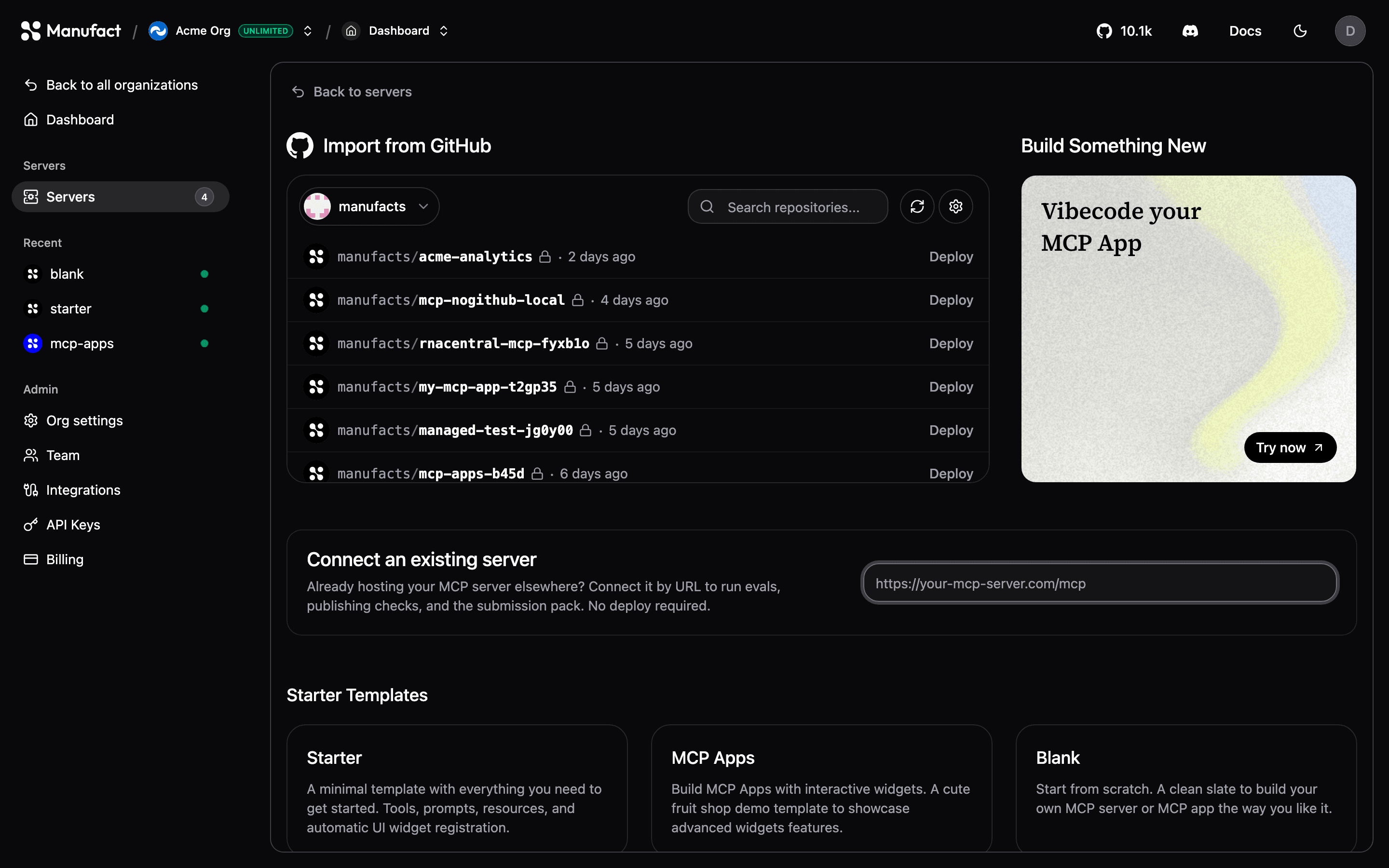 New server options: GitHub import, templates, and connect by URL