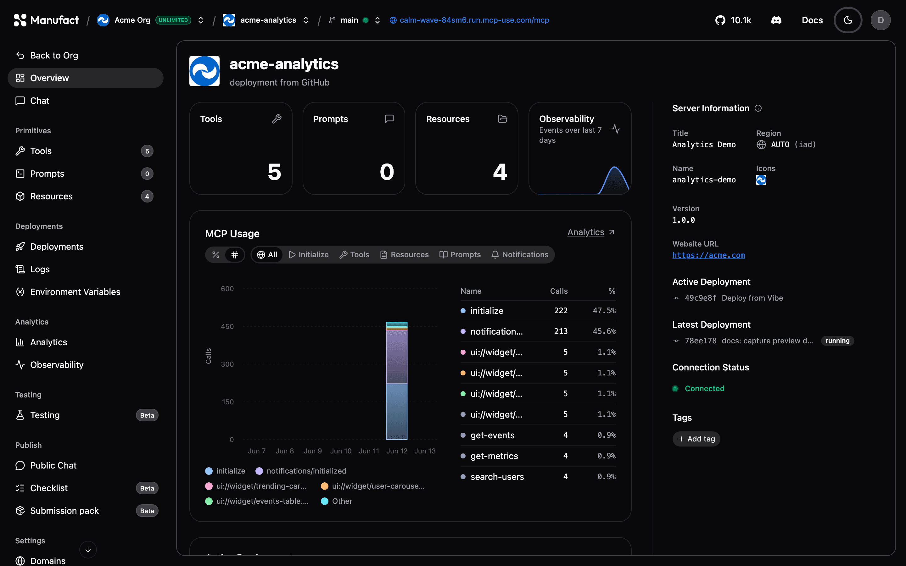 Server overview with capability tiles and active deployment