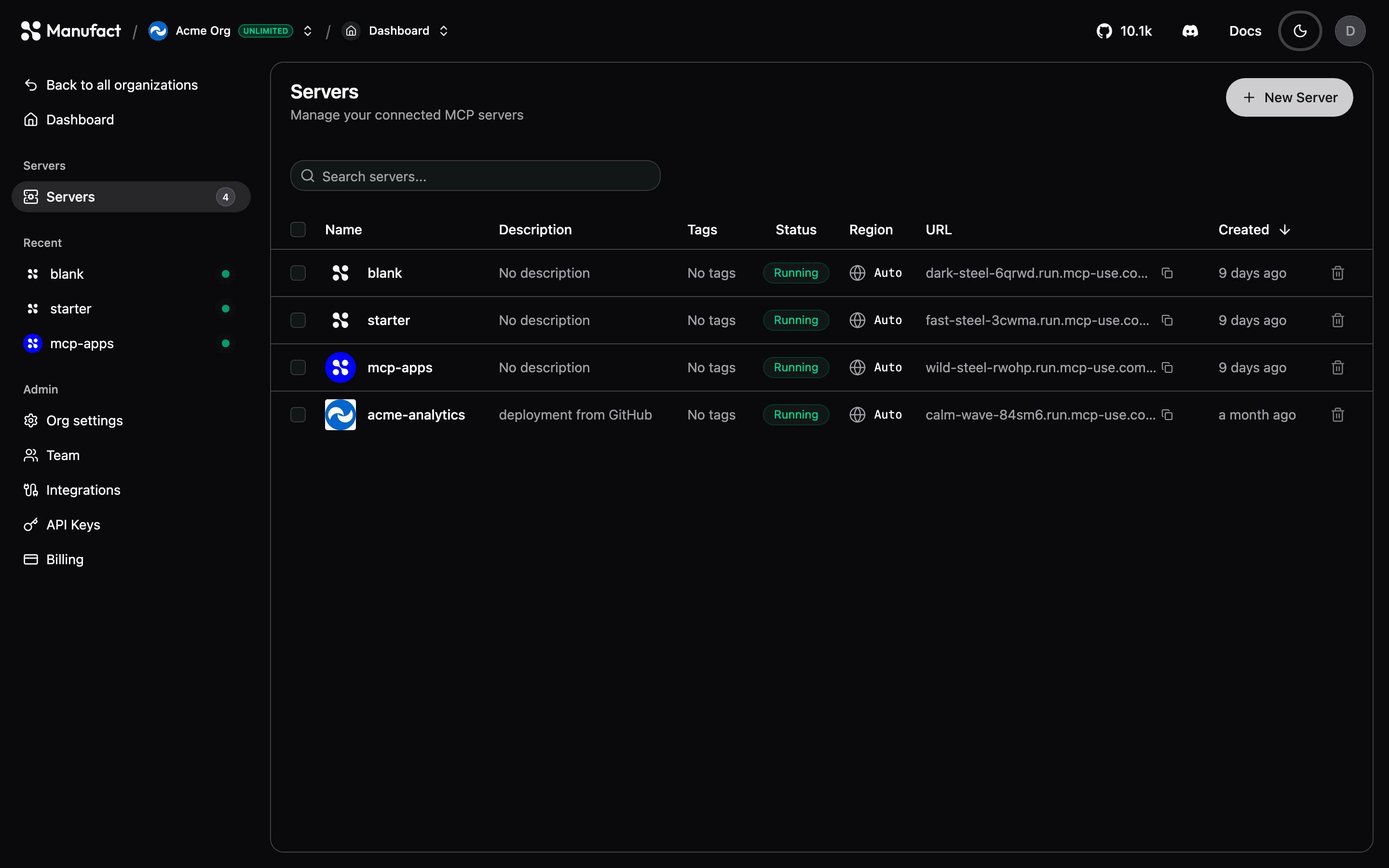 Servers list in the ACME organization