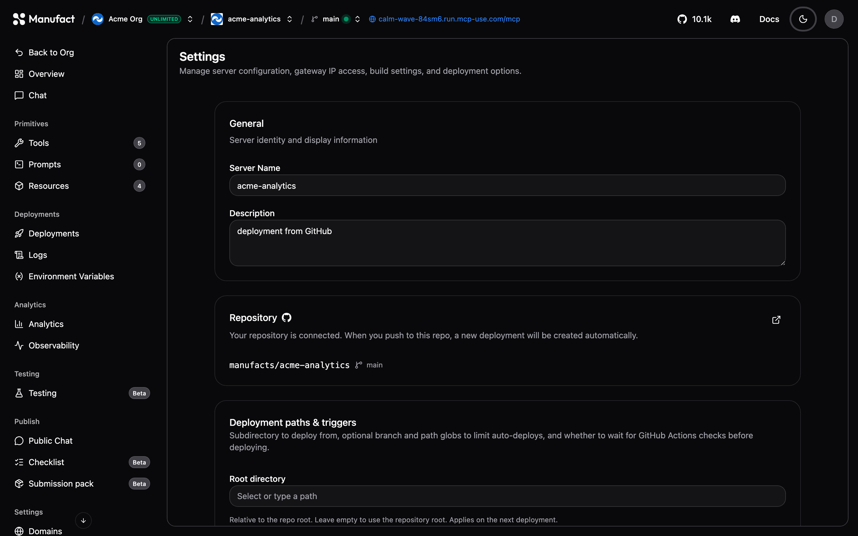 Server settings: regions, deploy triggers, and danger zone