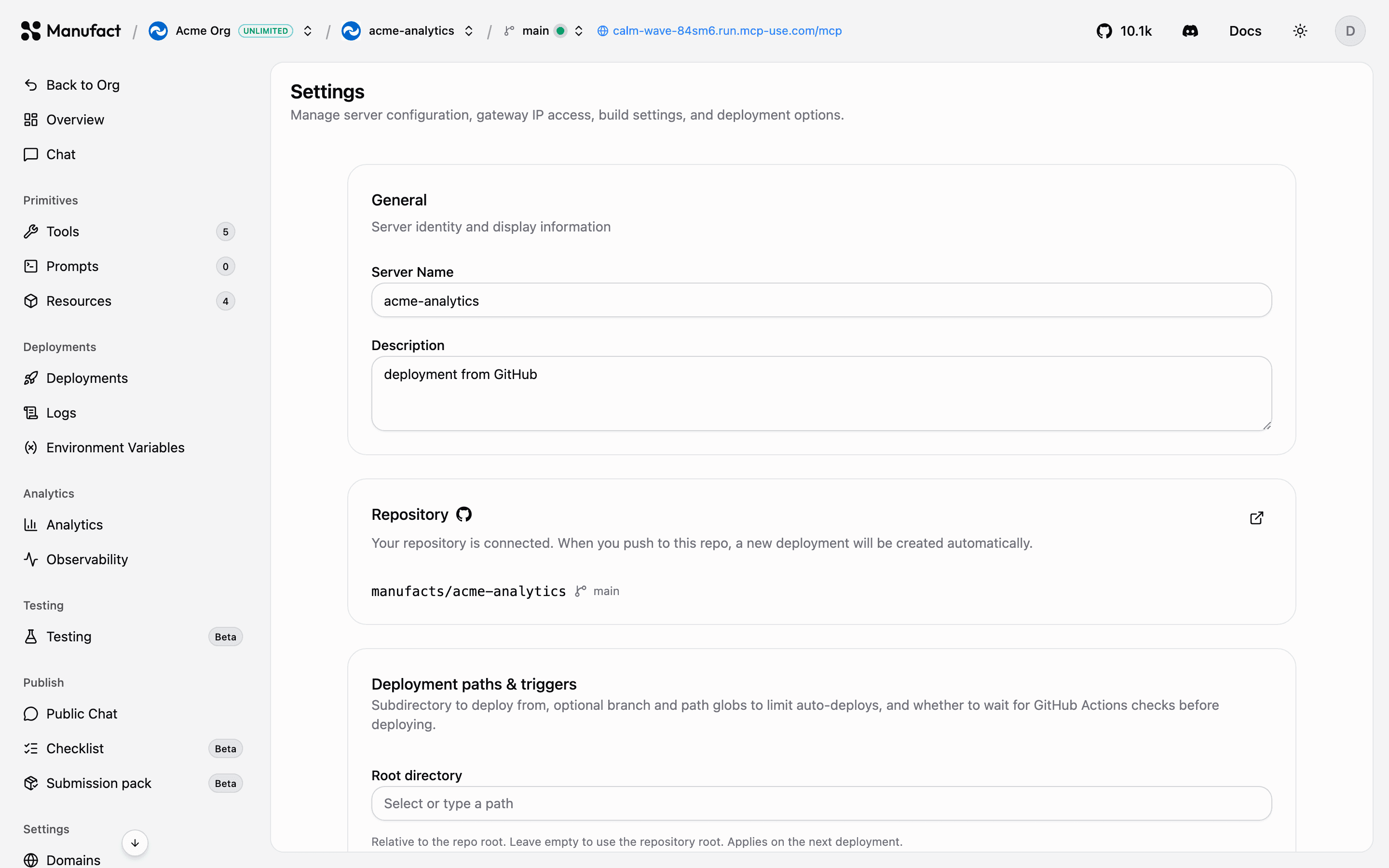 Server settings: regions, deploy triggers, and danger zone
