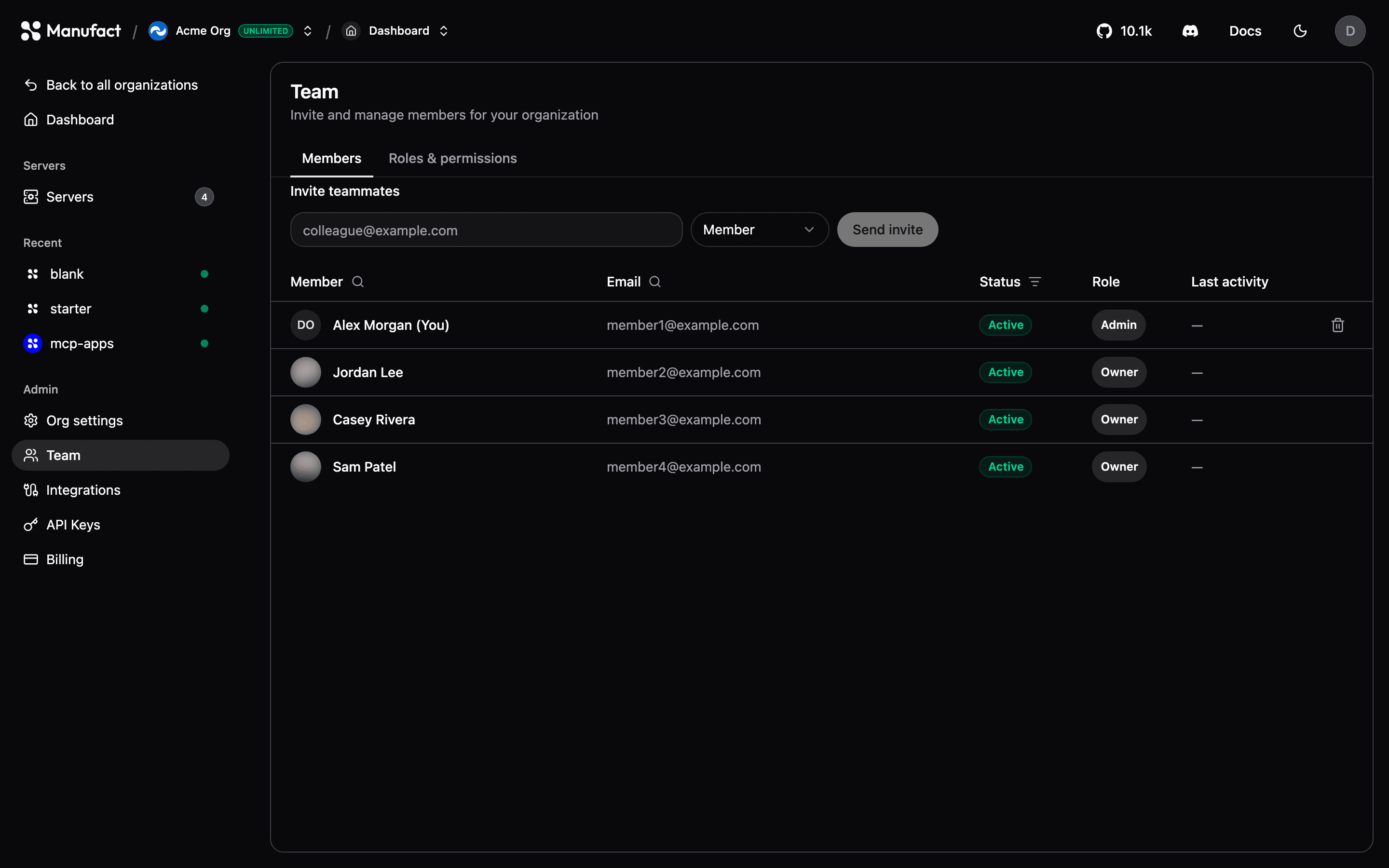 Team members and invite form