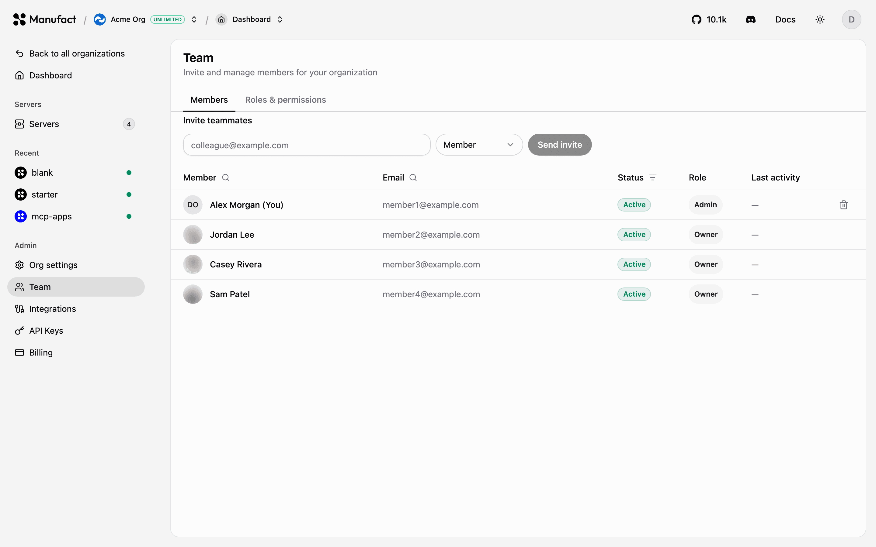 Team members and invite form