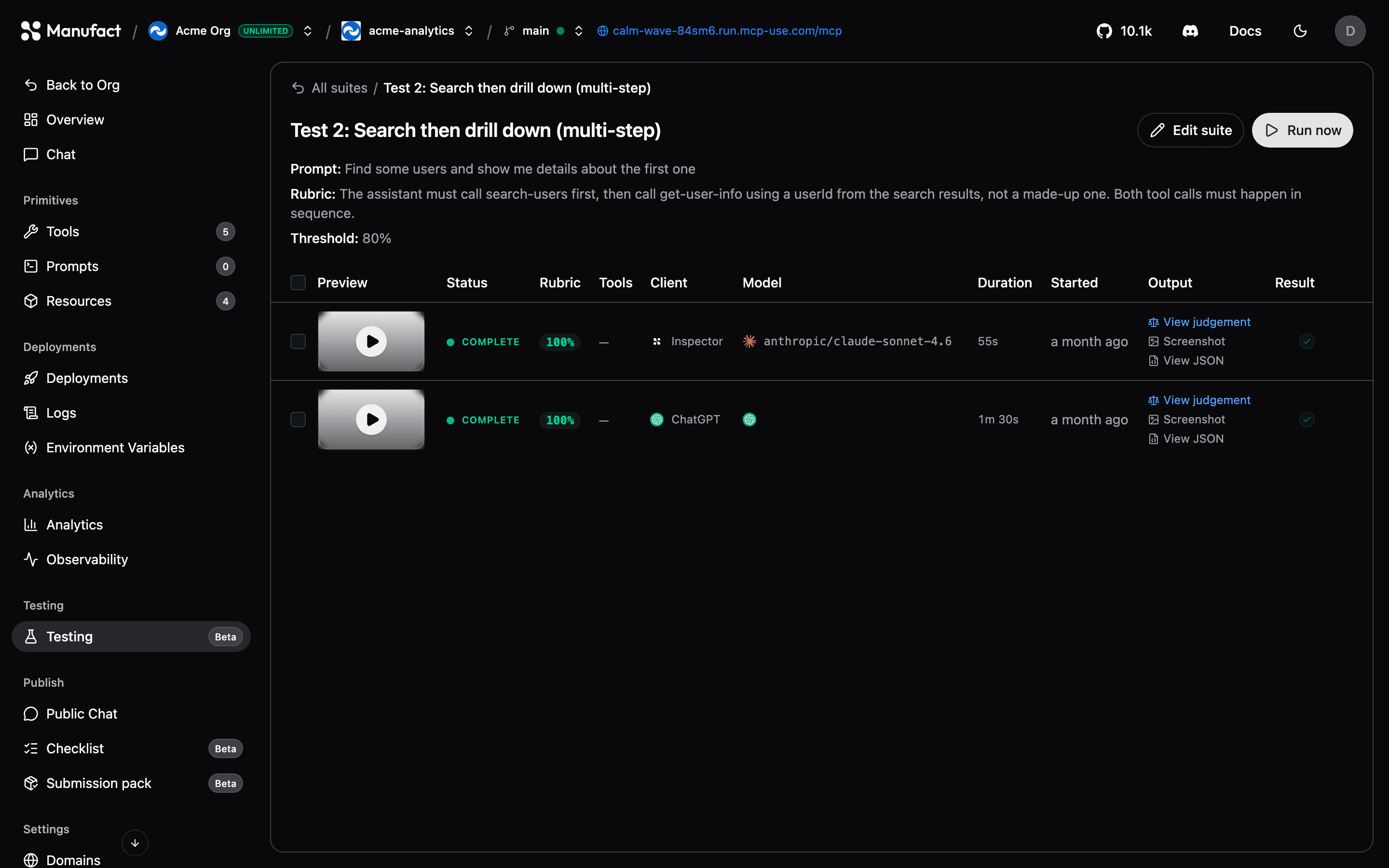 Suite run history with per-client results