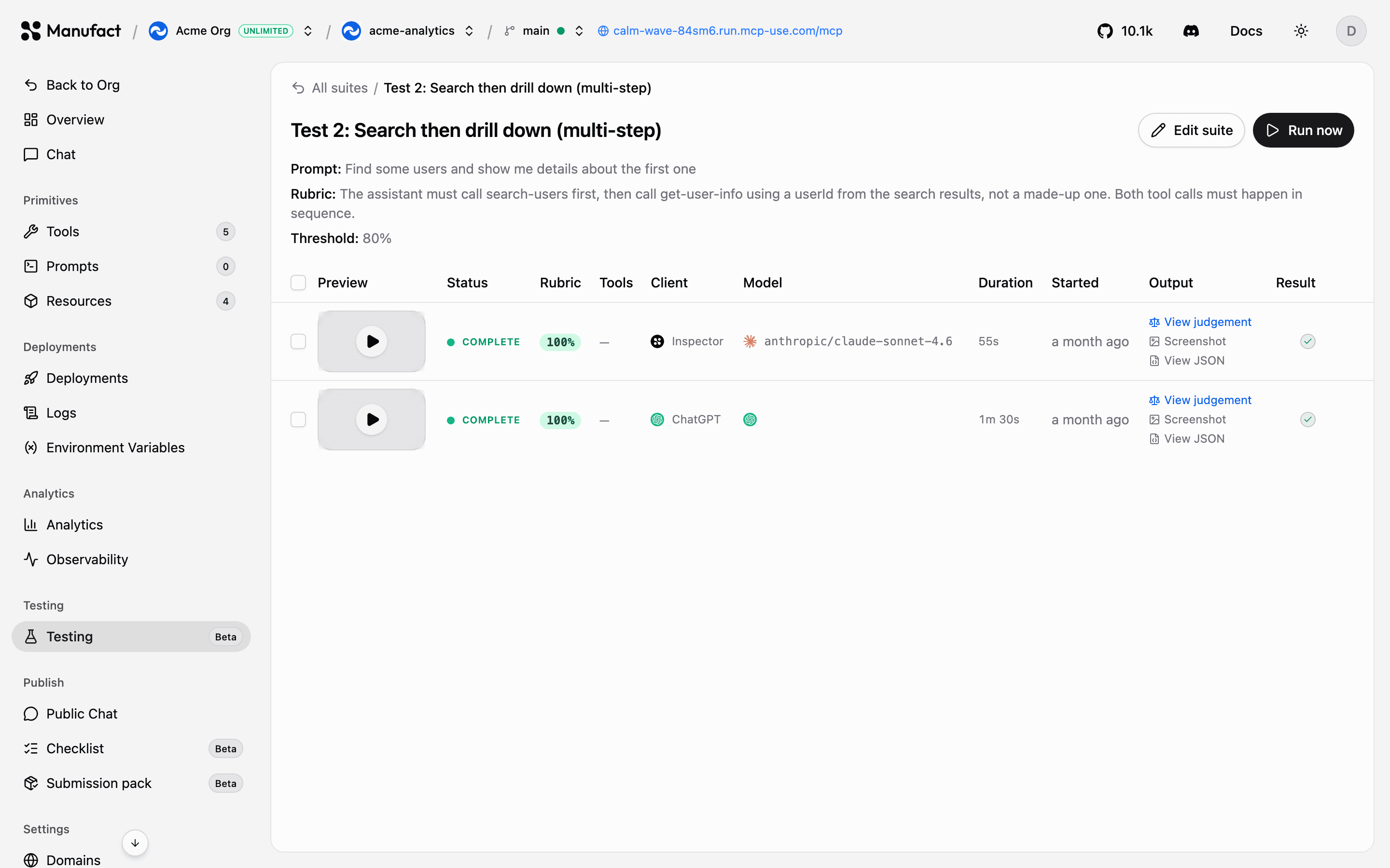 Suite run history with per-client results