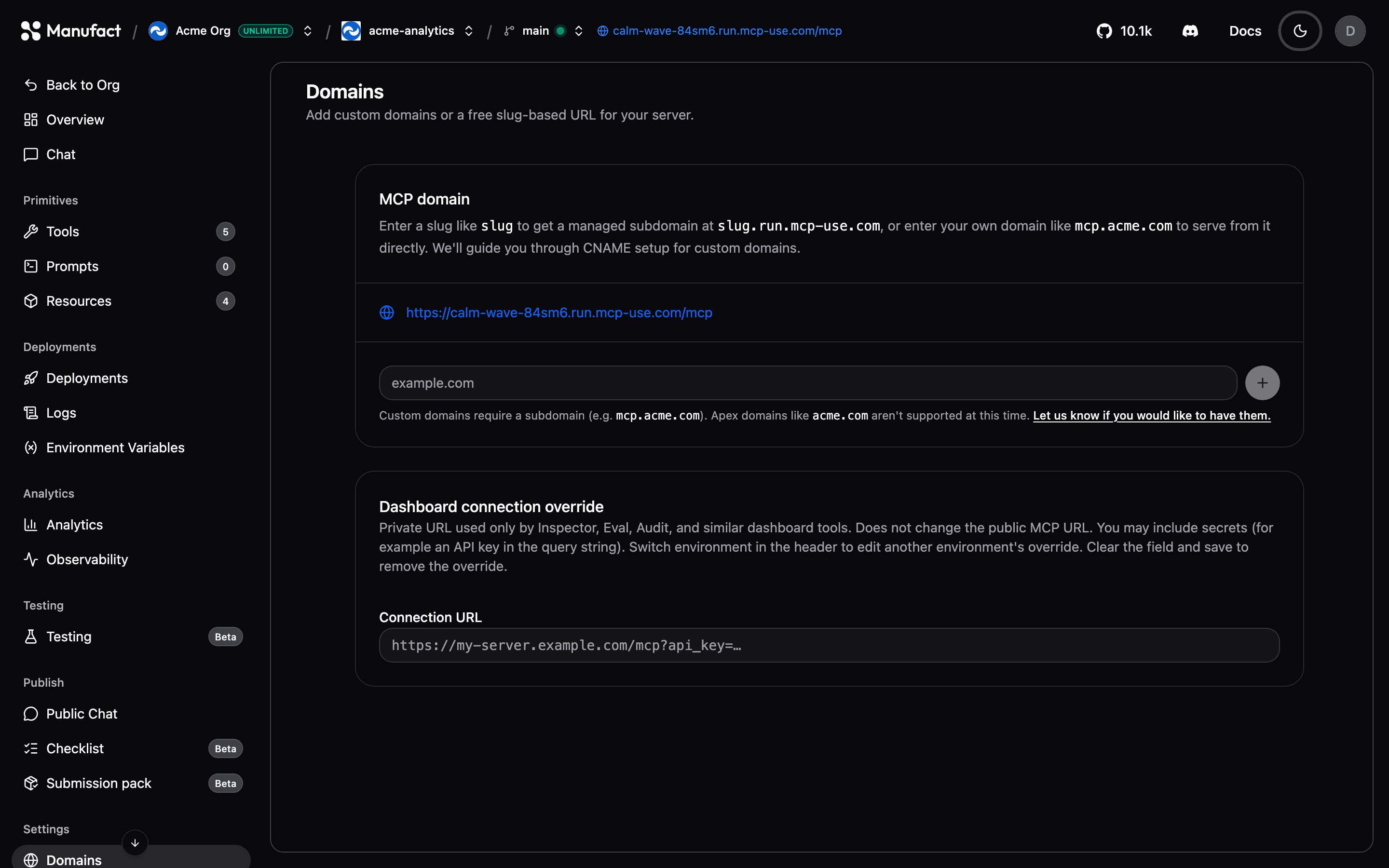 Domains tab with slug and custom domain rows