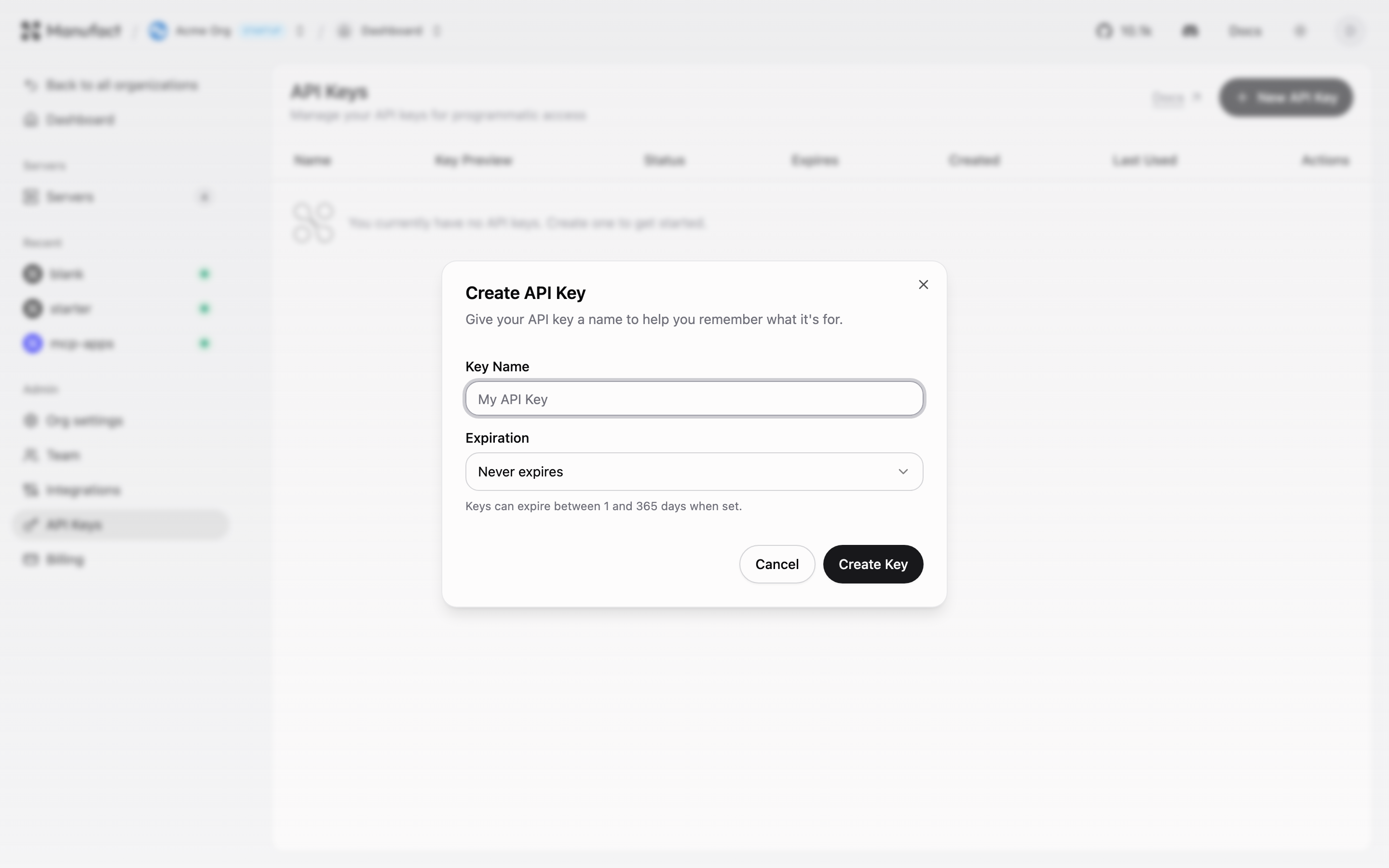 Create API key dialog