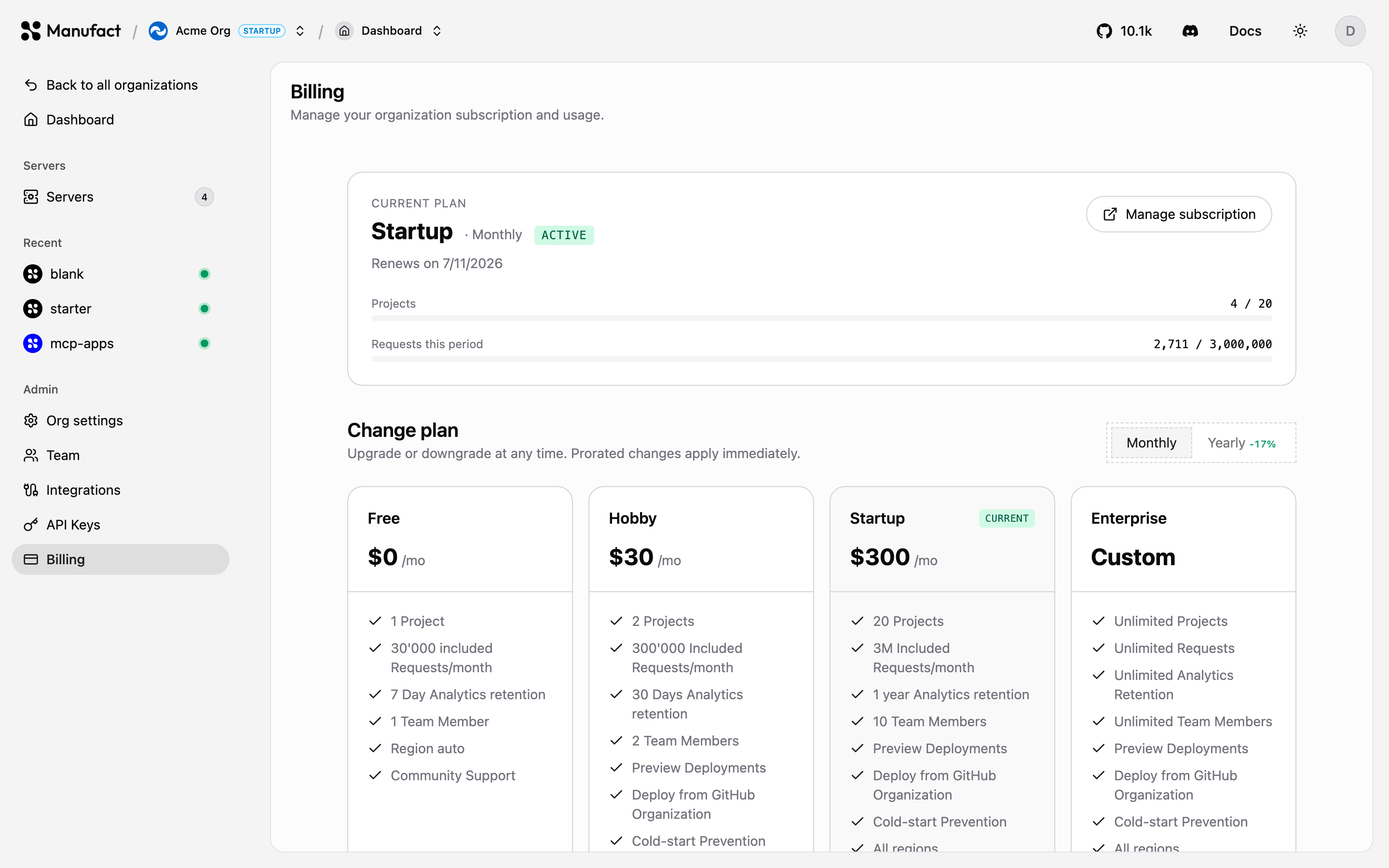 Billing overview with usage bars