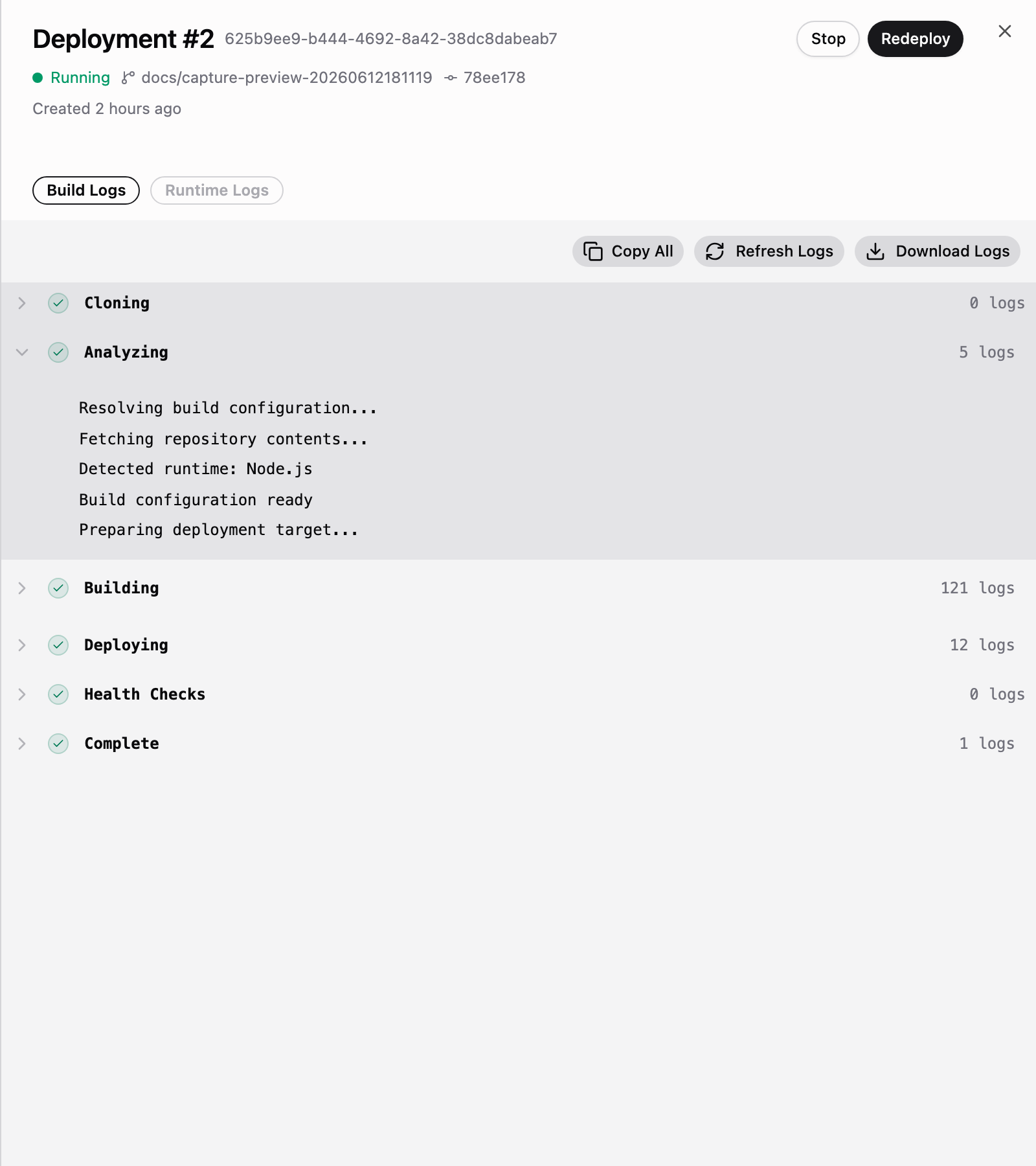 Deployment drawer with build logs