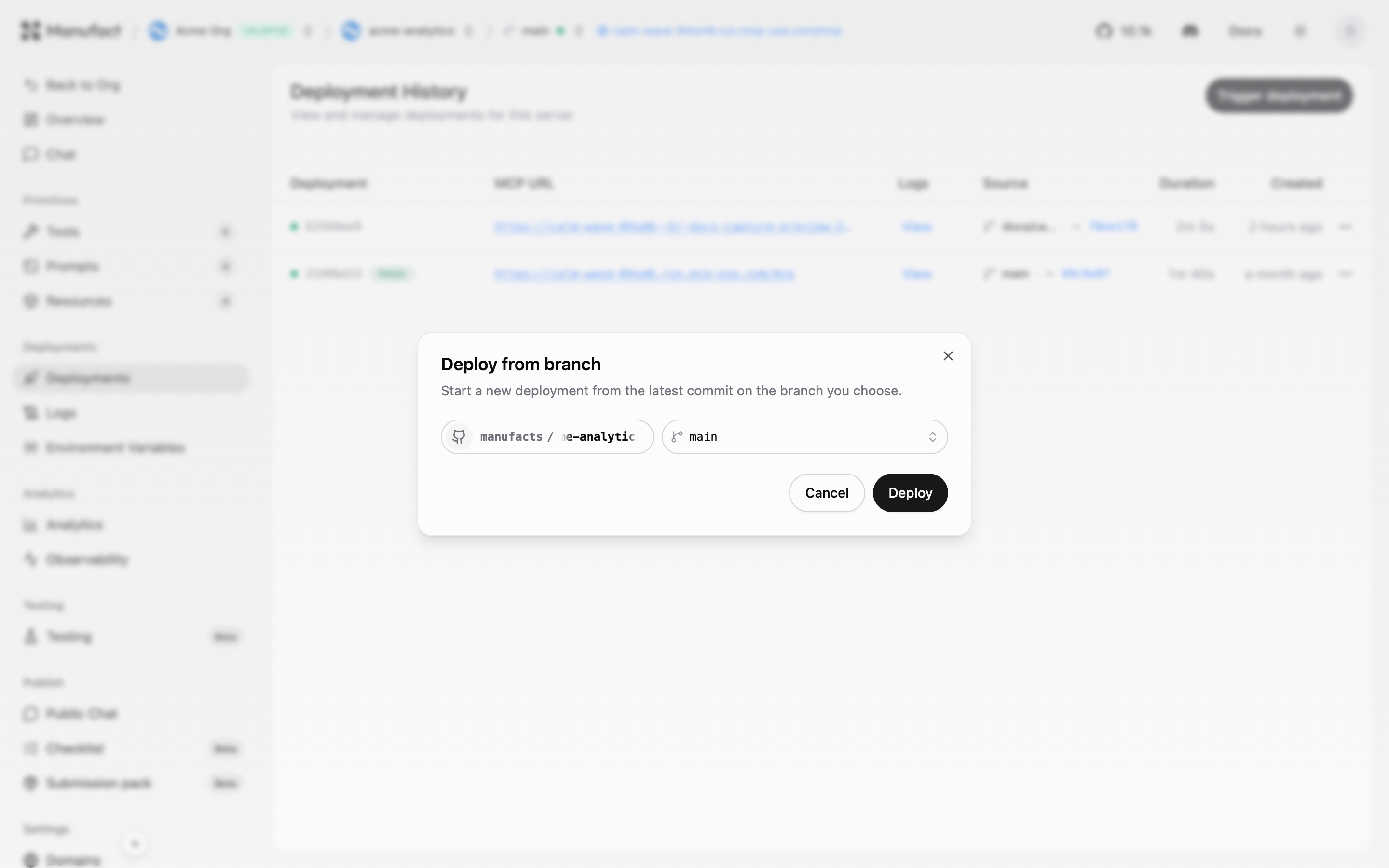 Trigger deployment dialog
