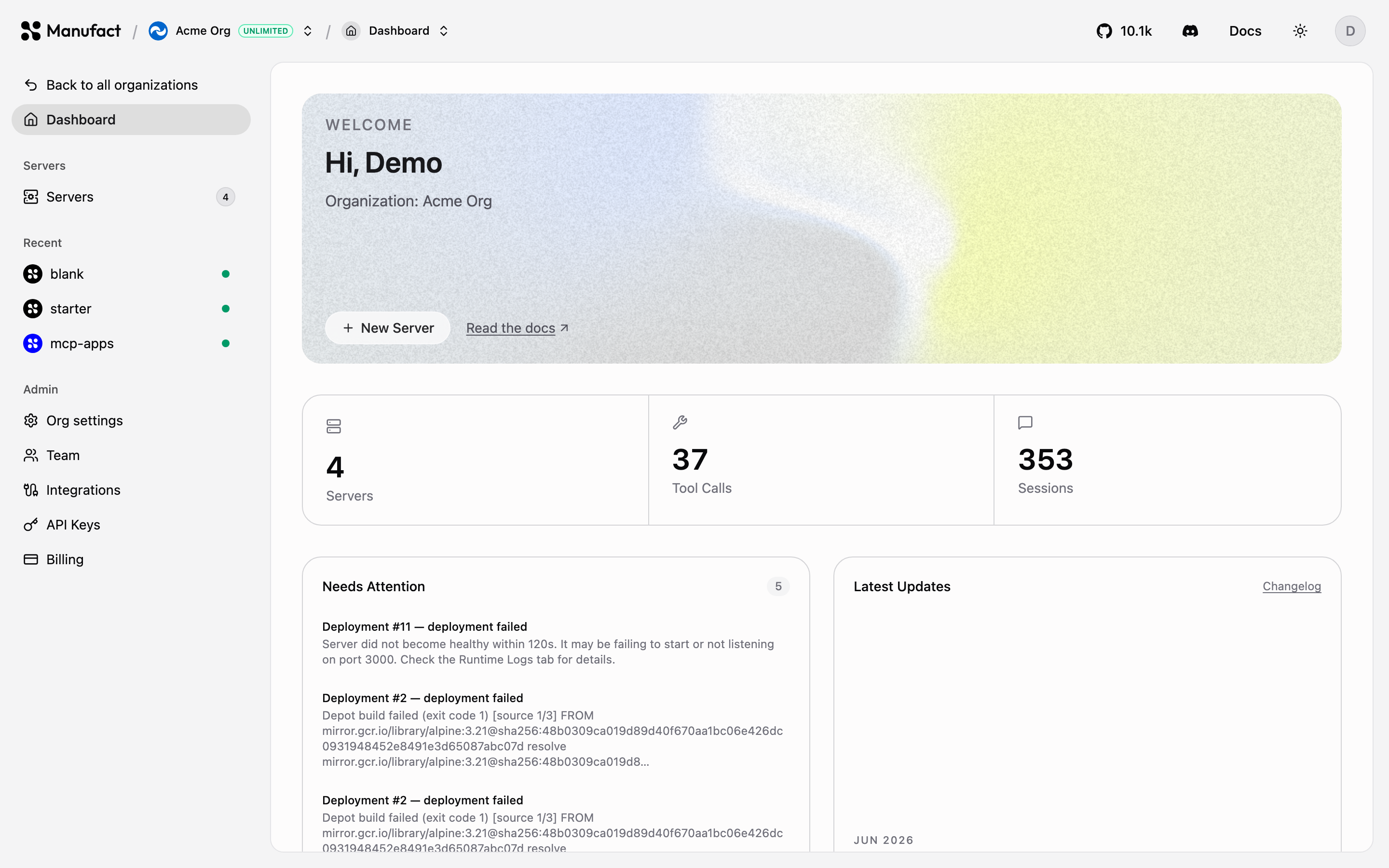 Organization dashboard with stats cards and needs-attention alerts