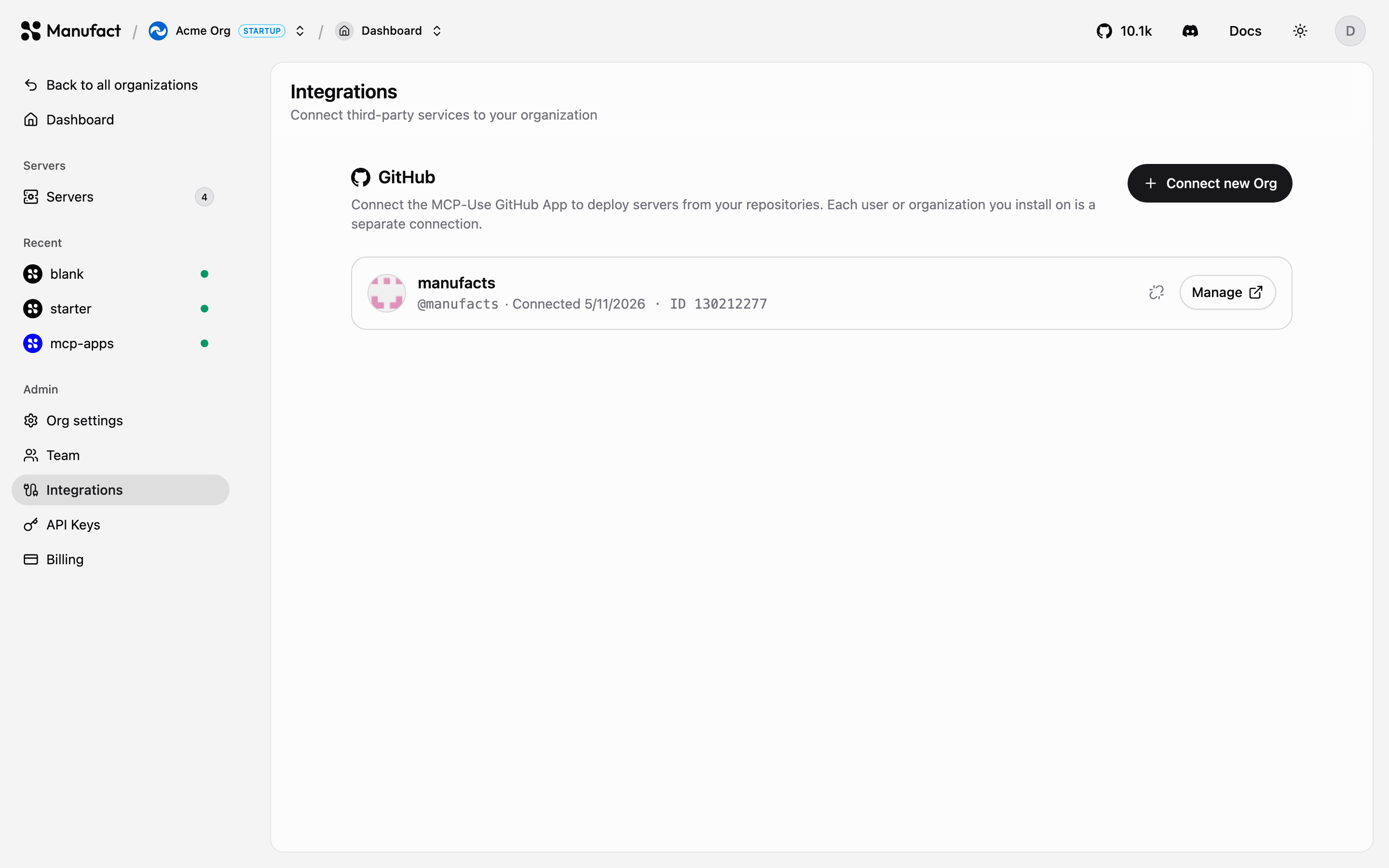 GitHub connections on the Integrations page