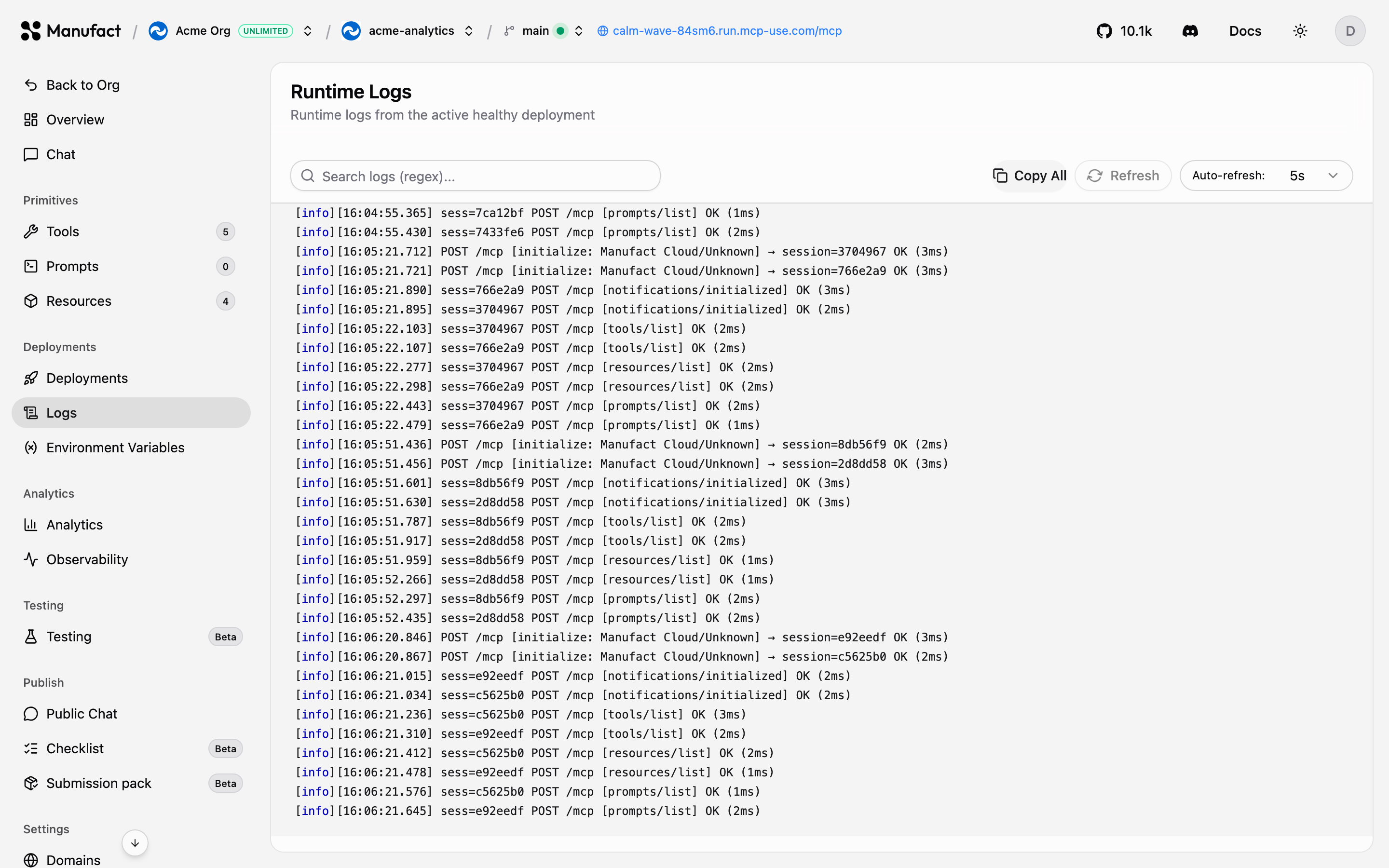 Runtime logs stream