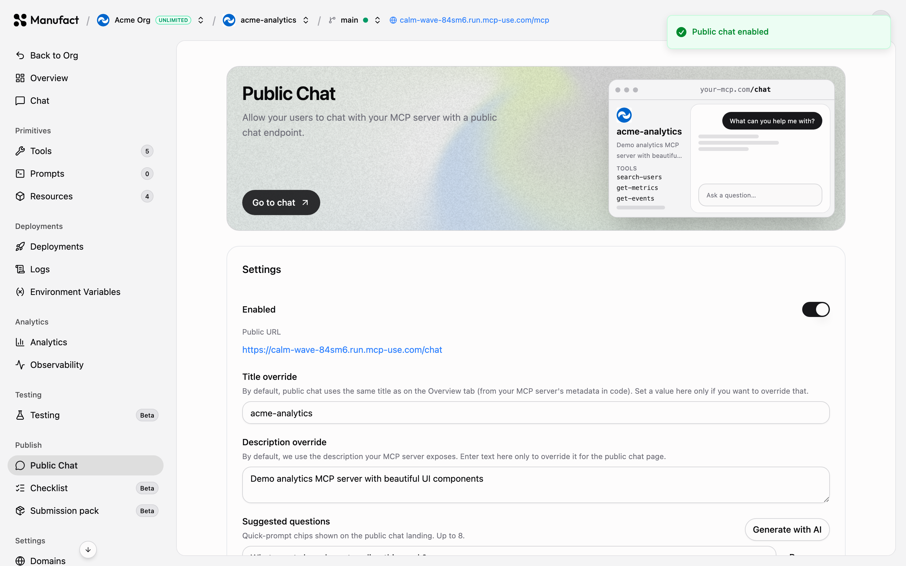 Public Chat configuration and live preview once enabled