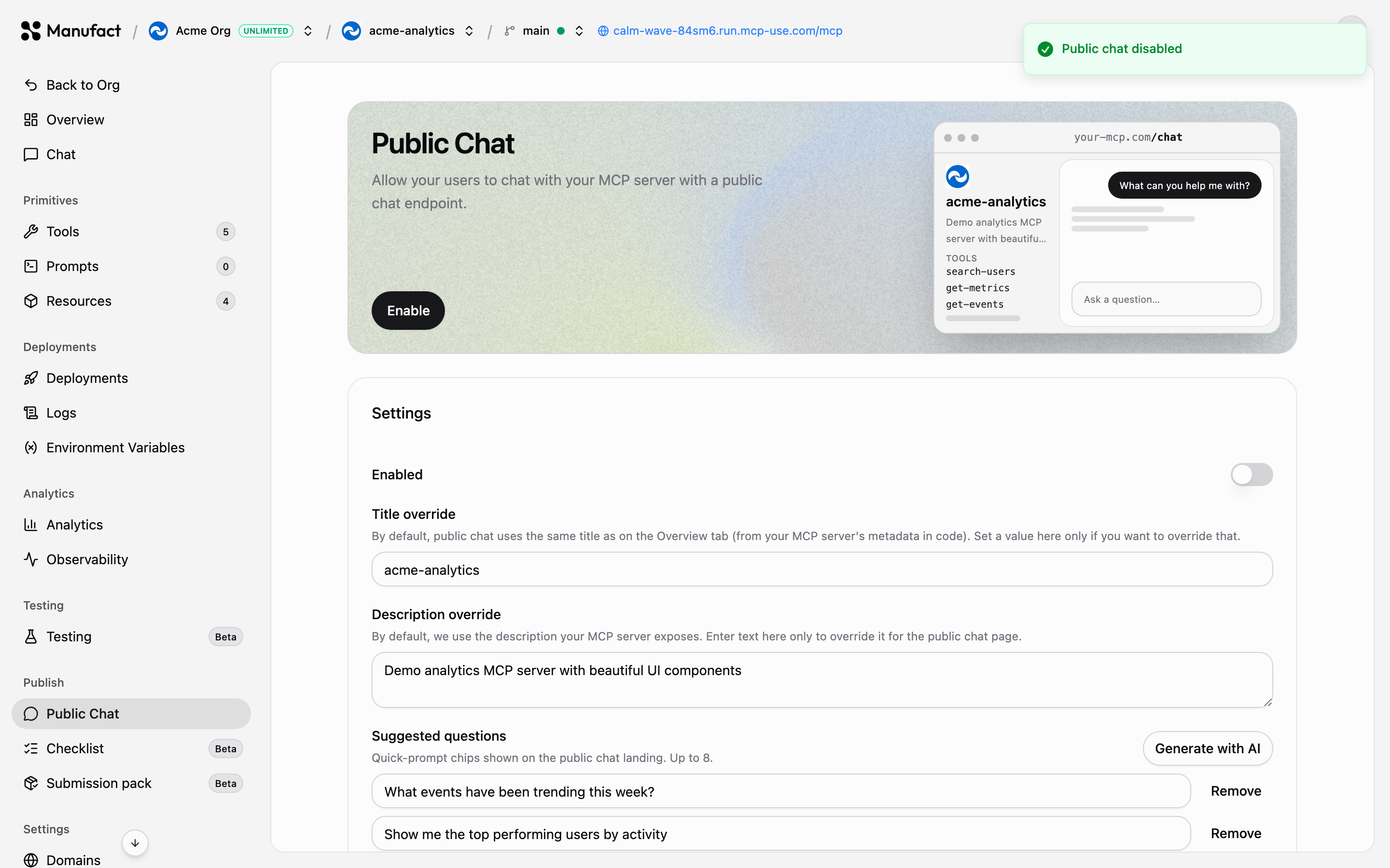 Public Chat enable screen with call to action