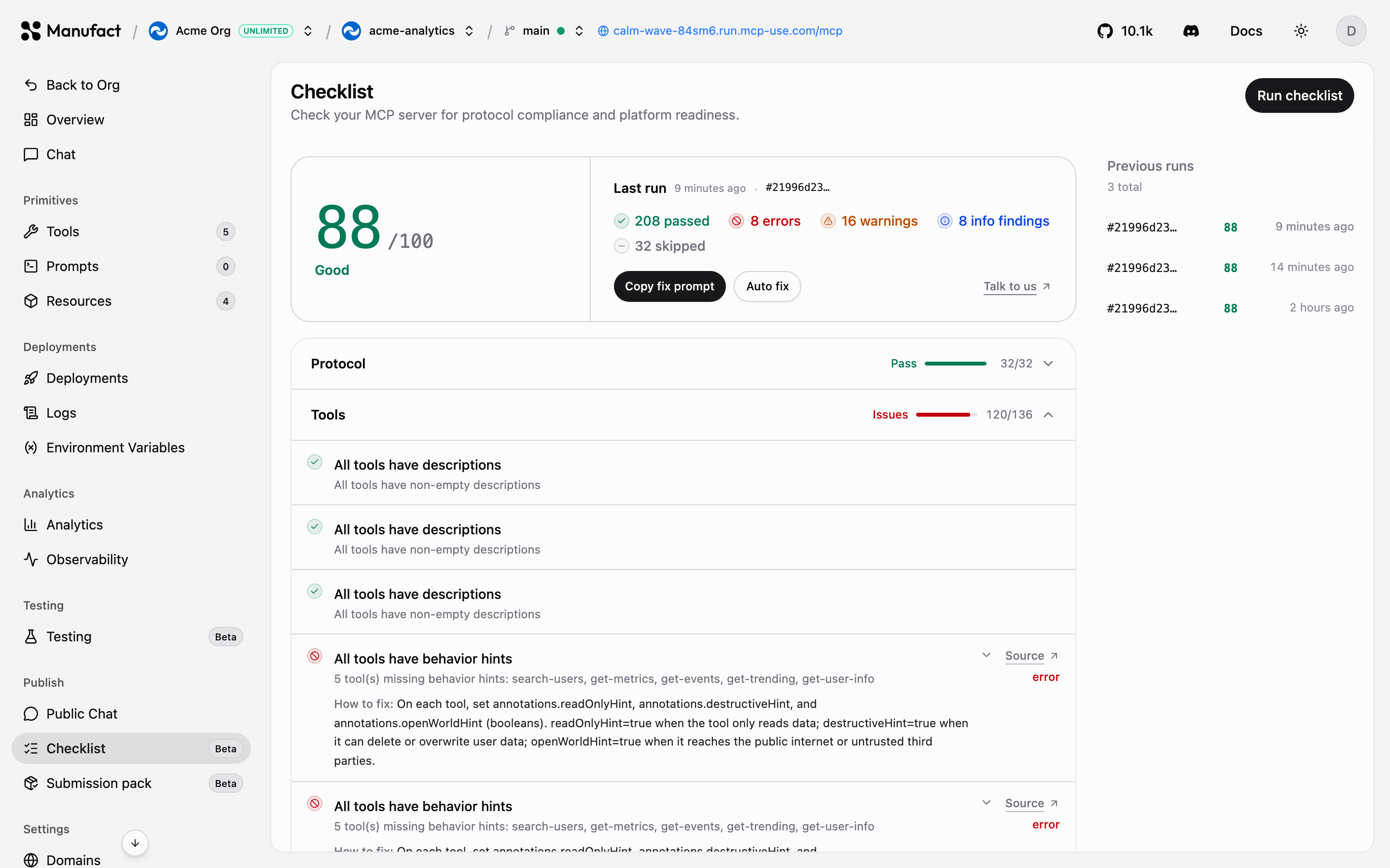 Checklist tab before running
