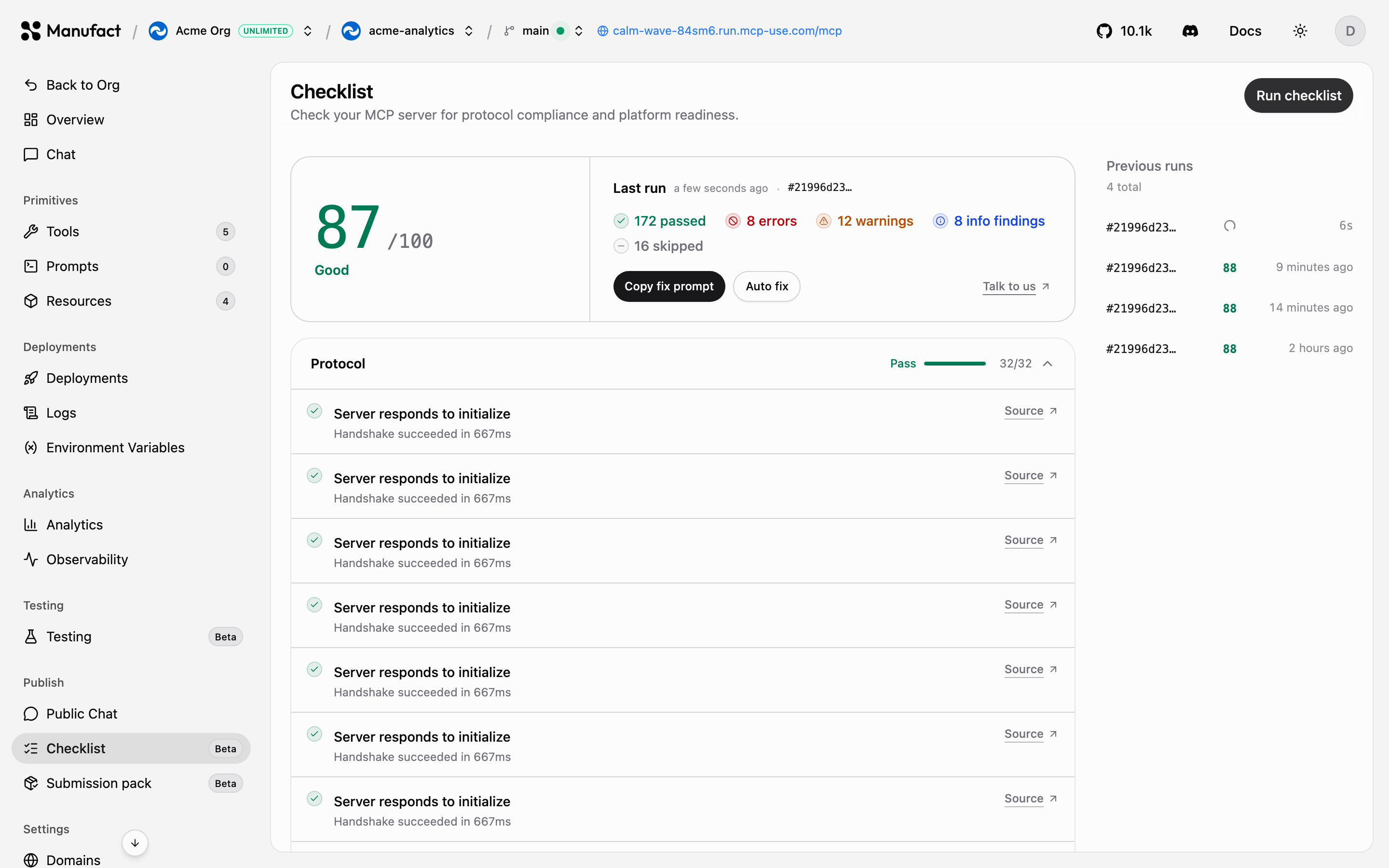 Checklist results with score and category breakdown