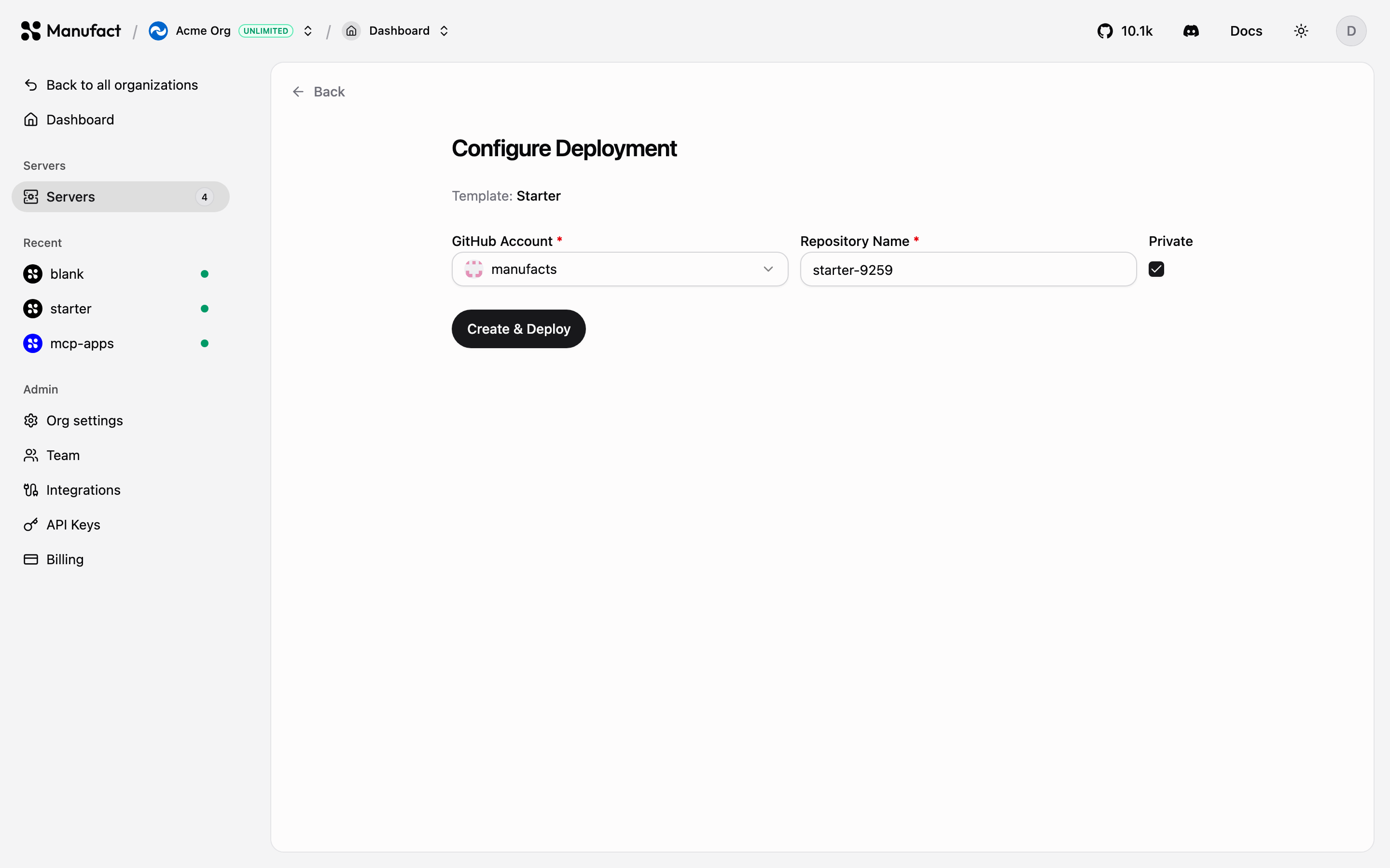 Configure Deployment form for a Starter template