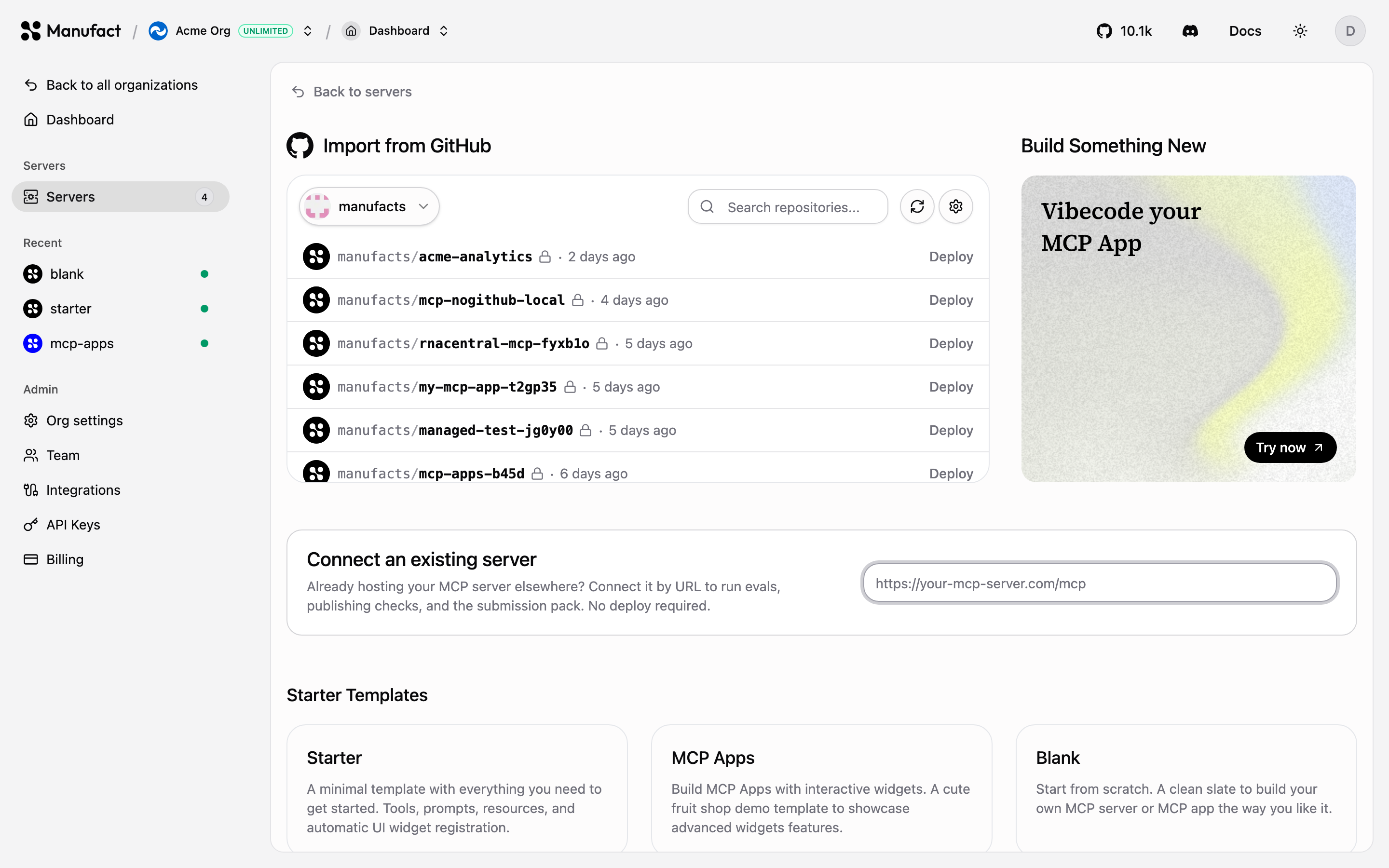 New server options: GitHub import, templates, and connect by URL