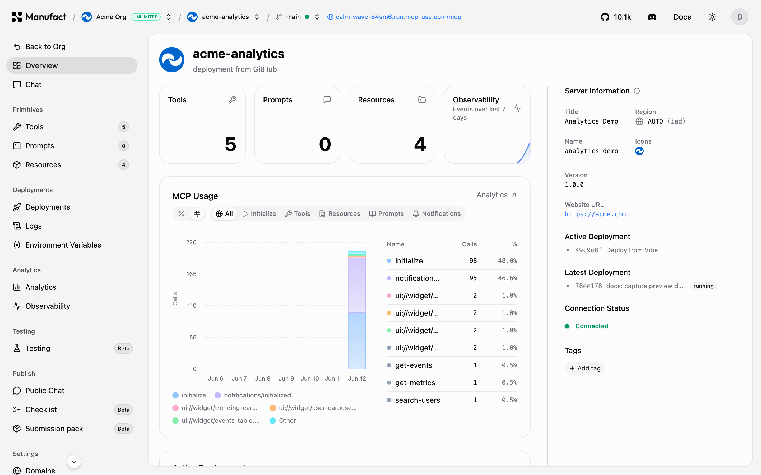 Server overview with capability tiles and active deployment