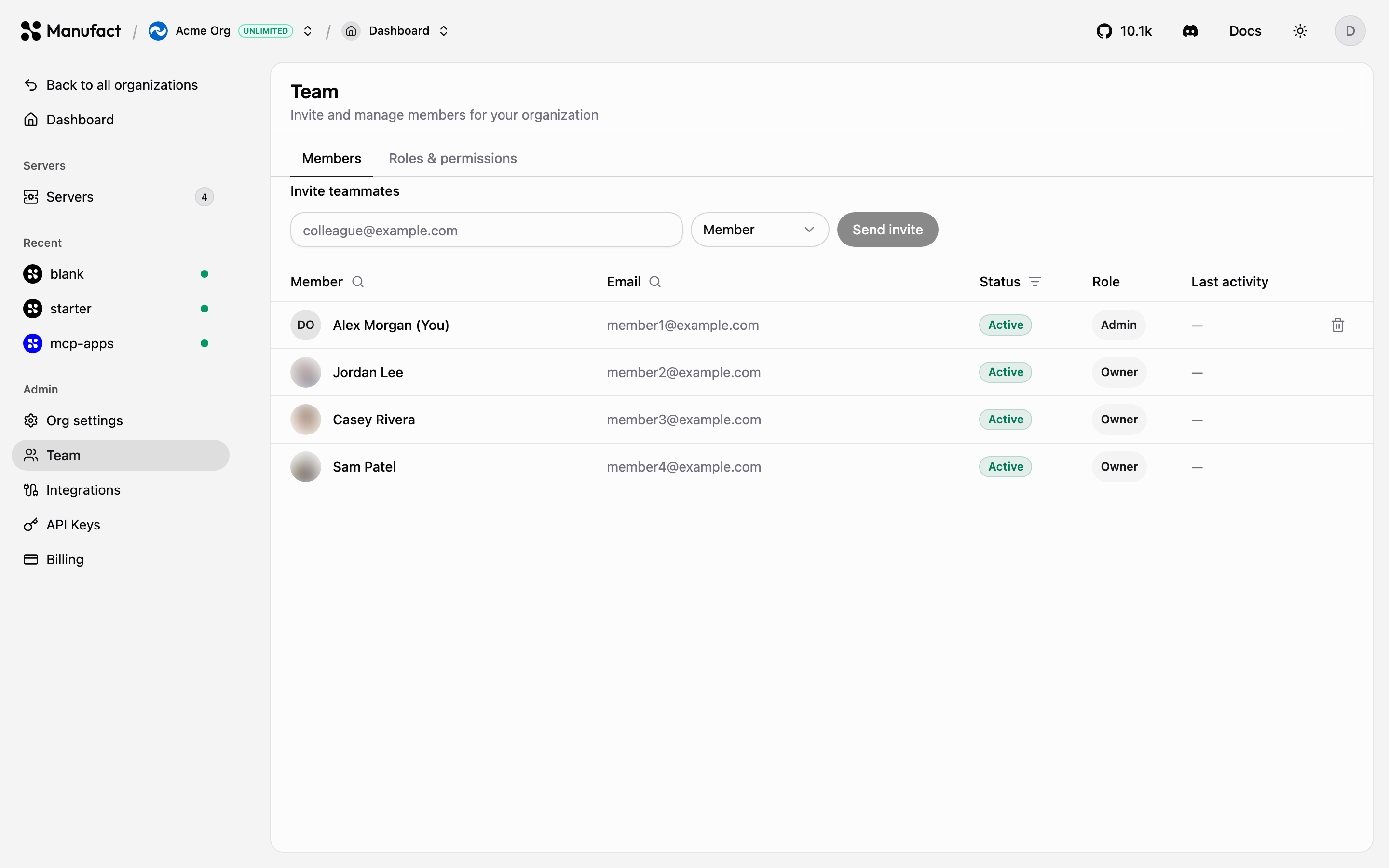 Team members and invite form