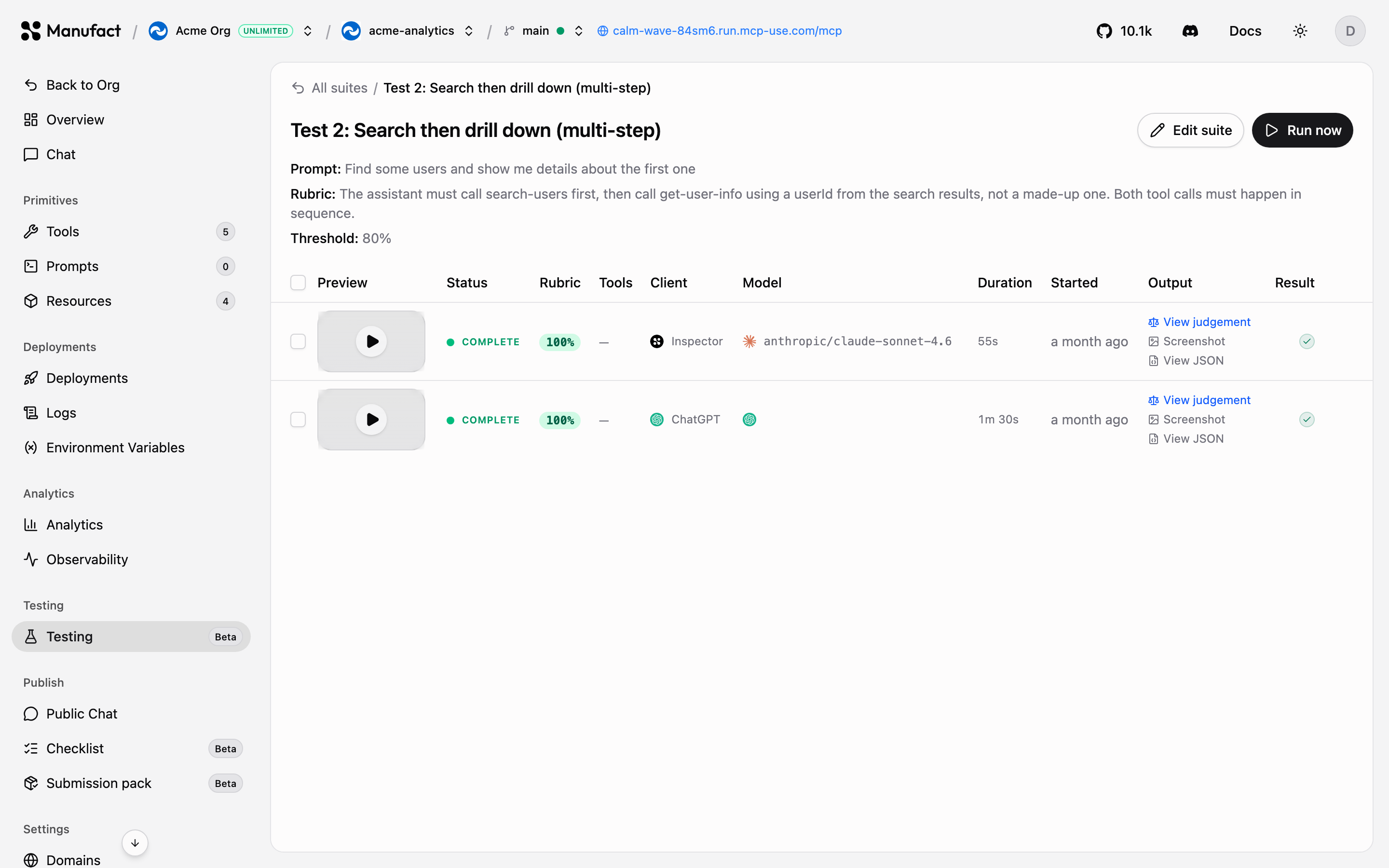 Suite run history with per-client results